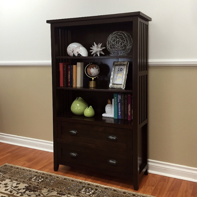 Mission 60 Inch Dark Walnut Bookcase With 2 Drawers