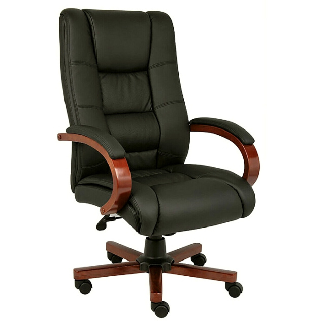 Deluxe Leather & Cherry Wood High-Back Office Chair